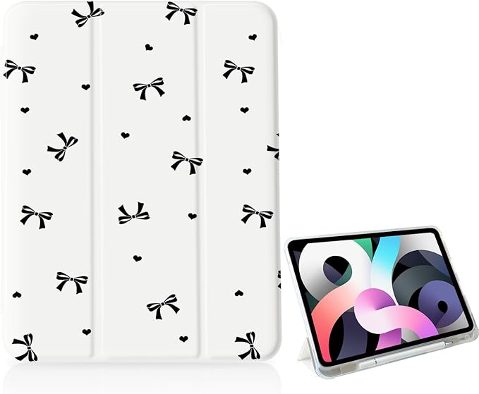 Black Bow Heart Case for iPad mini 7 A17 Pro 2024/iPad Mini 6 (8.3 Inch2021) 6th Gen[Pencil Holder+Auto Sleep/Wake]Slim Trifold Stand Protective Cover with Soft TPU BackWhite