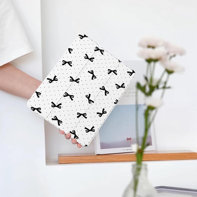 Cute Black Polka Dot Bow for iPad mini 7 A17 Pro 2024/iPad Mini 6 Case with Pencil Holder Auto Sleep/Wake White Leather Soft TPU Back Cover