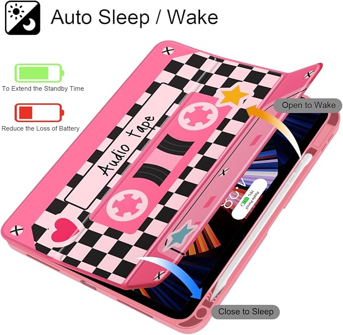 Case for iPad Air 11'' (M4 2026/M3 2025/M2 2024)/ iPad Air 10.9'' Air 5th /4th Gen Shockproof Cover with Clear Back Shell &amp Penceil Holder Auto Wake/Sleep Stand Cover Cassette Tape