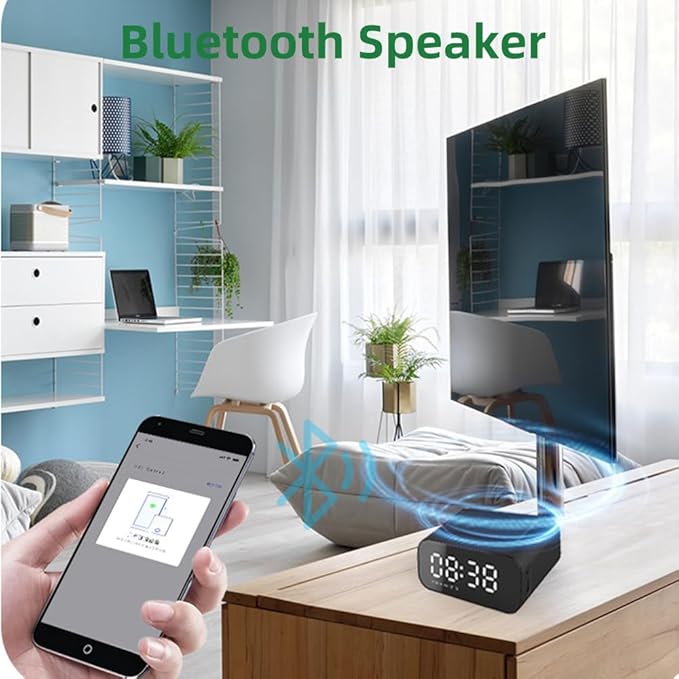 IHAO 7in1 Multifunctional Digital Alarm Clock with 15W Fast Wireless Charger Bluetooth Speaker LED Display Clock FM Radio TF Card AUX Input USB Port Dual Alarm for Bedroom and Office-BT510 Black