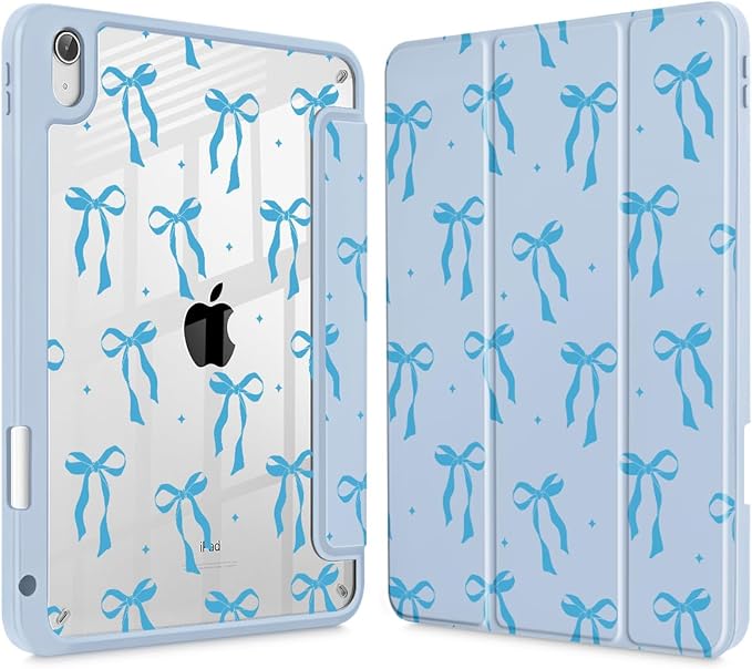 Case for iPad (A16) 11th Generation 11 Inch (2025) iPad 10th Generation 10.9 Inch (2022) Shockproof Cover with Clear Transparent Back Shell &amp Pencil Holder Blue Ribbon Bow