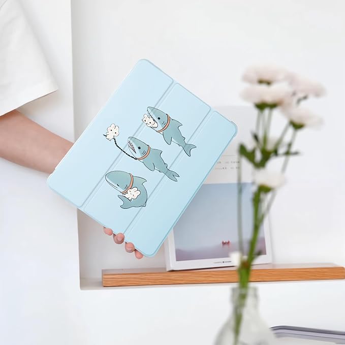 Cute Kawaii Bunny Shark for iPad 5th/6th Generation Case with Pencil Holder Auto Sleep/Wake Blue Leather Soft TPU Back Cover for iPad 9.7 Inch