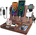 Wood Phone Docking Station Nightstand Organizer Charging Station with QC 3.0 &amp PD22.5W USB C Charger Fast Charging for iPhone Samsung Android Watch Airpod Anniversary Birthday Gifts for Men