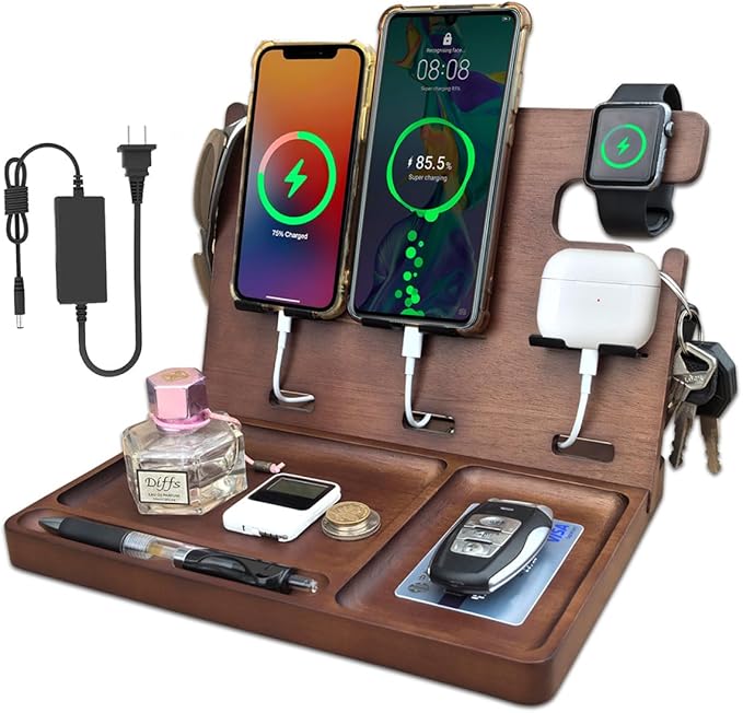 Wood Phone Docking Station Nightstand Organizer Charging Station with QC 3.0 &amp PD22.5W USB C Charger Fast Charging for iPhone Samsung Android Watch Airpod Anniversary Birthday Gifts for Men