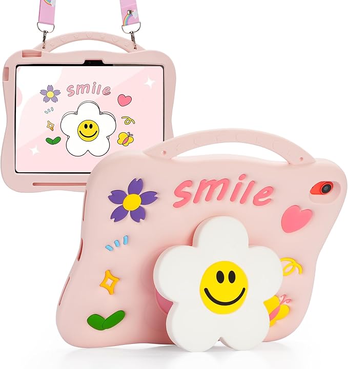 Kids Case for iPad （A16） 11th Generation 11 inch 202510th Generation 10.9‘’ 2022 3D Cute Silicone Cover with Sunflower Kickstand Adjustable Shoulder Strap &amp Pencil Holder for Girls -Pink