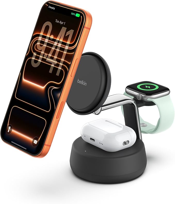 Belkin MagSafe Charger Compatible 3-in-1 Charging Station Qi2.2 25W w/Cooling Fan (On/Off Control) Magnetic Wireless Charger for iPhone 17 Apple Watch AirPods Pixel 10 (45W Adapter Included)