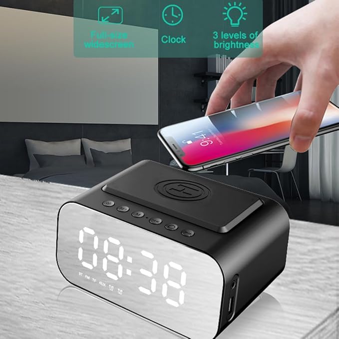 IHAO 7in1 Multifunctional Digital Alarm Clock with 15W Fast Wireless Charger Bluetooth Speaker LED Display Clock FM Radio TF Card AUX Input USB Port Dual Alarm for Bedroom and Office-BT510 Black