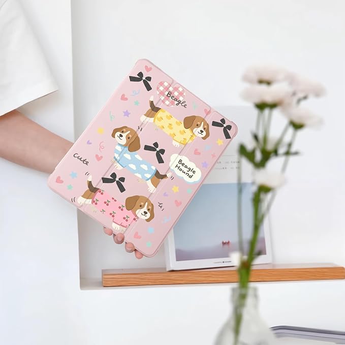 Cue Kawaii Beagle Dog Puppy for iPad Pro 12.9 Inch Case 5th/6th Generation 2022/2021/2020 with Pencil Holder Auto Sleep/Wake Pink Leather Soft TPU Back Cover