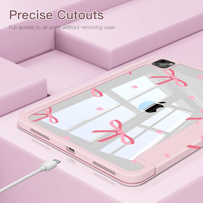 Teryeefi for iPad Air 11-Inch Case M4 (2026) / M3 (2025) / M2 (2024) iPad Air 4th/5th Generation iPad Pro 11 in 4th/3rd/2nd/1st - Clear Back Cover with Pencil Holder Auto Wake/Sleep (Pink Bows)