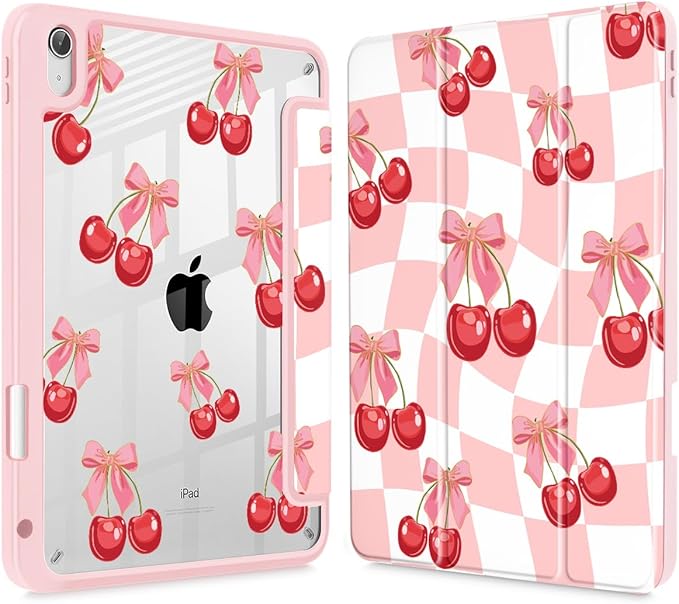 Tuiklol for 2025 iPad (A16 Chip) 11th Generation 11 inch/iPad 10th Gen 10.9 inch 2022 Case Buit in Pencil Holder with Clear Back Shell Cover Trifold Stand Auto Wake/SleepCherries Grid