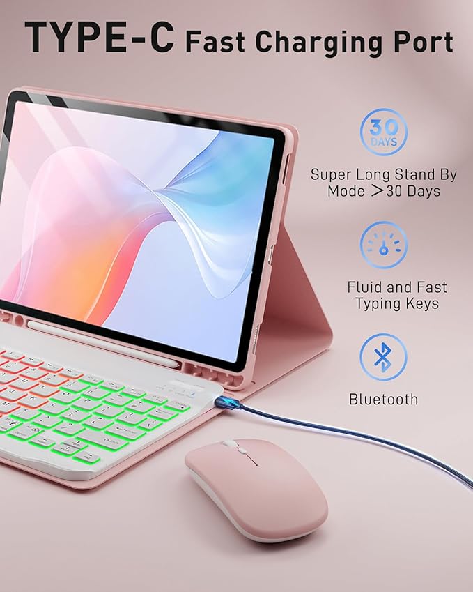 Keyboard Case for Samsung Galaxy Tab S11-11 inch 2025 Cover (SM-X730 SM-X736 SM-X736B)- 7 Color Rainbow Change Backlit Detachable Magnetic Keyboard with S Pen Holder with Mouse - Pink