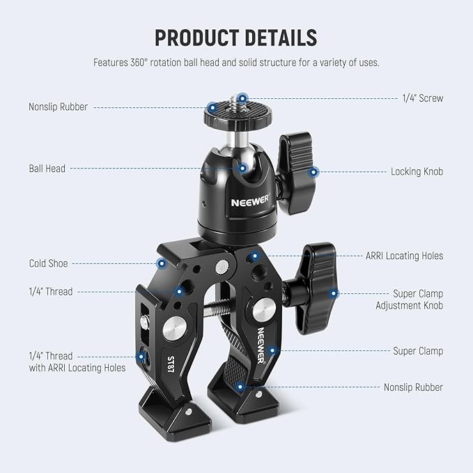 Neewer Super Clamp with Ballhead Cold Shoe Phone Holder and Action Camera Mount Adapter for Flat/Round Surface Compatible with GoPro DJI iPhone 15 Pro Max ST87