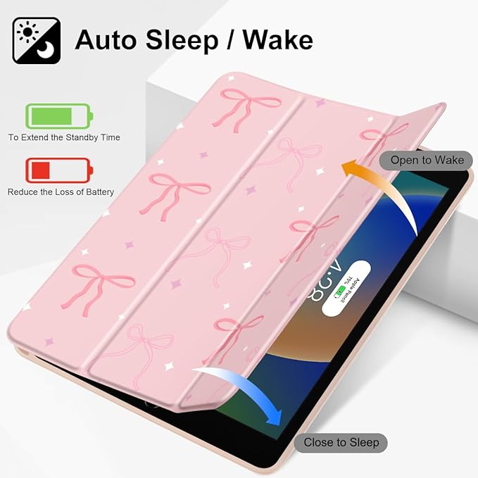 Tuiklol Case for iPad 10.2 Inch 2021 2020 2018 Release 9th / 8th / 7th Generation Built-in Pencil Holder TPU Protective Stand Back Cover Trifold Stand-Auto Wake/Sleep Pink Bows