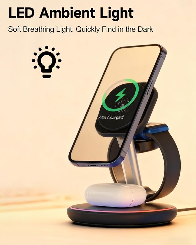 3 in 1 Wireless Charging Station for Apple MagSafe Charger 15W Fast Magnetic Phone Charger with Breathing Light for Magsafe Charger Stand for iPhone 17 16 15 14 13 12 Apple Watch AirPods Gifts