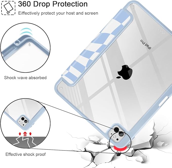 Mektron Case for M5/ M4 iPad Pro 11 inch 2025/2024 with Pencil Holder Compatible Models: A3357/A3358/A3359/A2836/A2837/A3006 Shockproof Cover Clear Shell Wave Striped-Blue