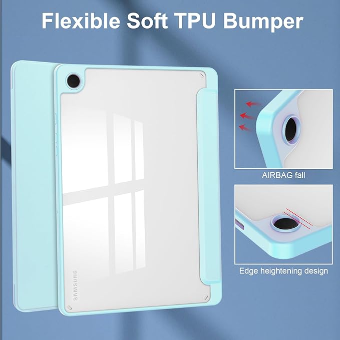 Stand Case for Galaxy Tab A9 Plus 11 Inch 2023 (SM-X210/X216/X218) UUcovers Trifold Cover with Pencil Holder [Auto Sleep/Wake] Clear Transparent Back Shell &amp TPU Shockproof Frame Sky Blue
