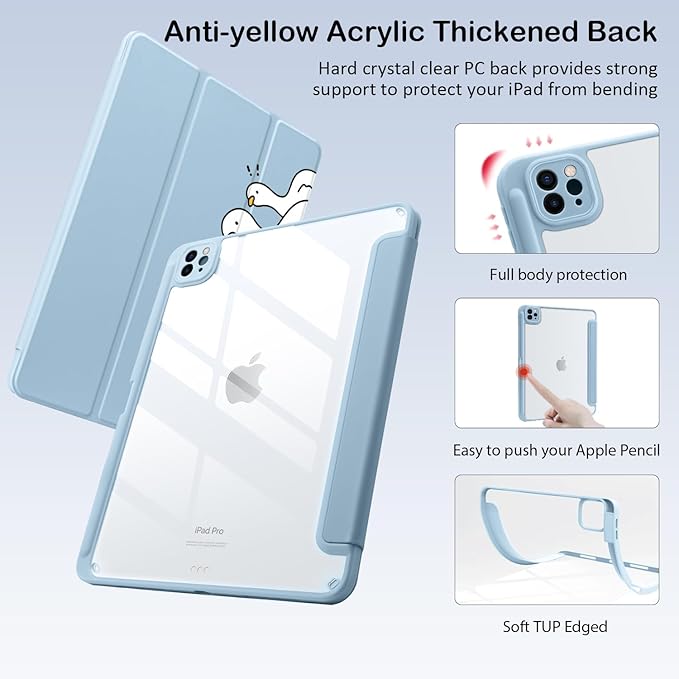 Cute Kawaii Duck for iPad Pro 13 Inch Case (M5/M4) 2025/2024 with Pencil Holder Auto Sleep/Wake Blue Leather Clear Acrylic Back Cover