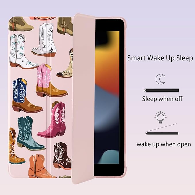 Cute Cowgirl Boots for iPad Pro 12.9 Inch Case 5th/6th Generation 2022/2021/2020 with Pencil Holder Auto Sleep/Wake Pink Leather Soft TPU Back Cover
