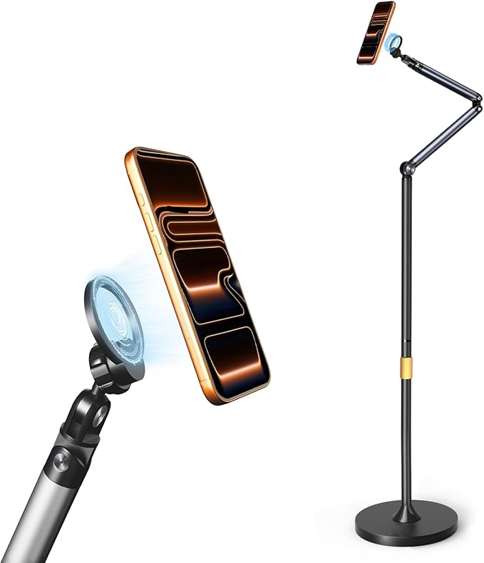 Magnetic Phone Floor Stand Aluminum iPhone Overhead Stand with Adjustable Arm &amp Remote for Multi-Angle Creative Shooting Stable Stand for iPhone/Android