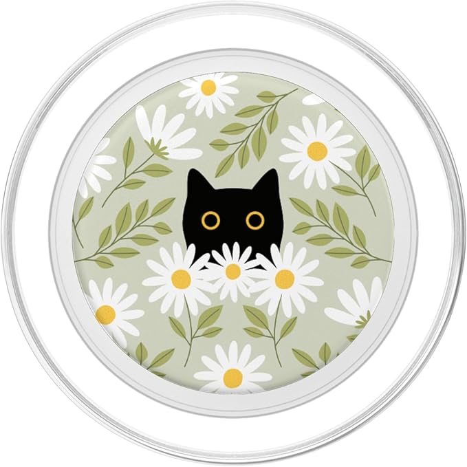 Cute Daisy Flower Floral Black Cat Sage Green Women Girls PopSockets PopGrip for MagSafe