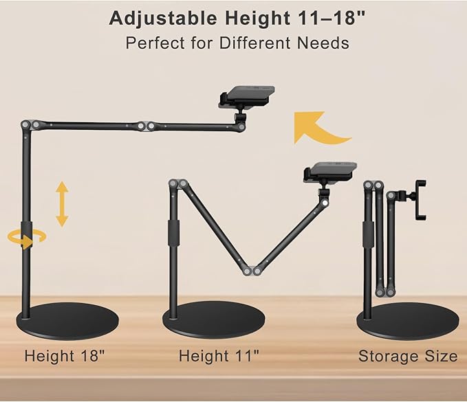Overhead Phone Mount for Desk 17 Long Arm Adjustable iPhone Holder Heavy Duty Rotatable Stand for Video Recording Live Streaming Crafting Cooking
