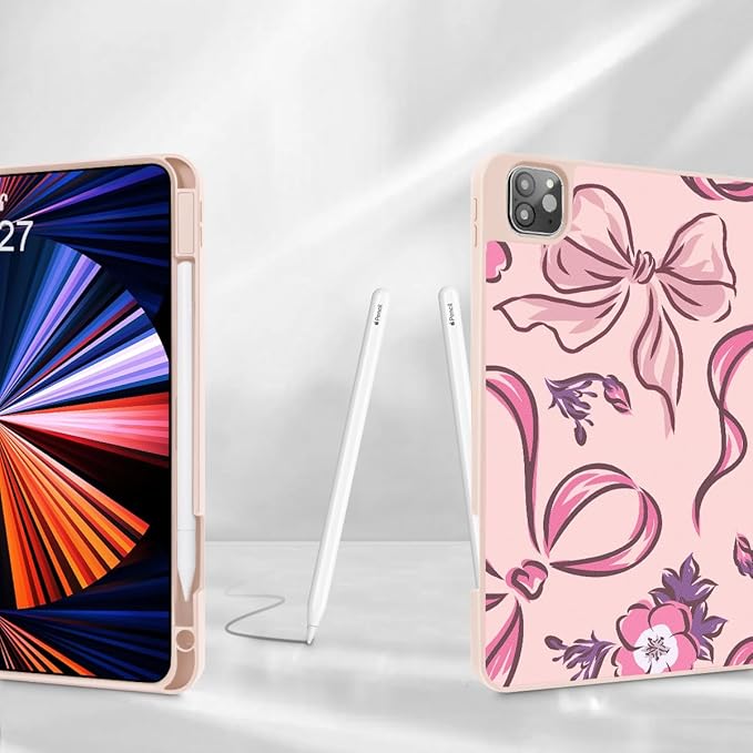 Mektron for iPad Pro M2 11-inch 4th/ 3rd/ 2nd/ 1st Gen Case 2022 2021 2020 2018 with Pencil Holder Tablet Cover with Soft TPU Back Cover for 11 inch iPad Pro Flowers-Bows-Pink