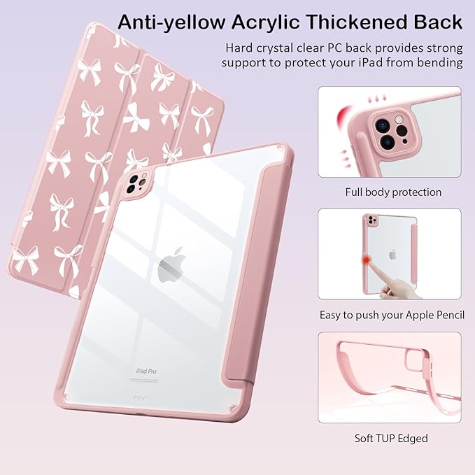 Cute Kawaii White Bow for iPad Air 11 Inch Case 7th/6th Generation (M3/M2) 2025/2024 with Pencil Holder Auto Sleep/Wake Pink Leather Clear Acrylic Back Cover