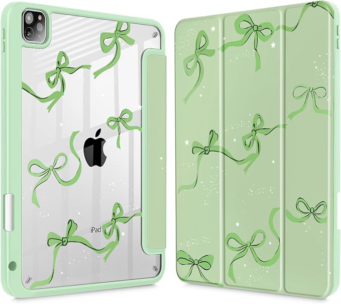 May Chen for iPad Pro 11 inch M2 4th Generation 2022 iPad Pro 11 3rd/2nd/1st Gen Case with Transparent Shockproof Back Cover [Built-in Pencil Holder Auto Sleep/Wake Green Bows