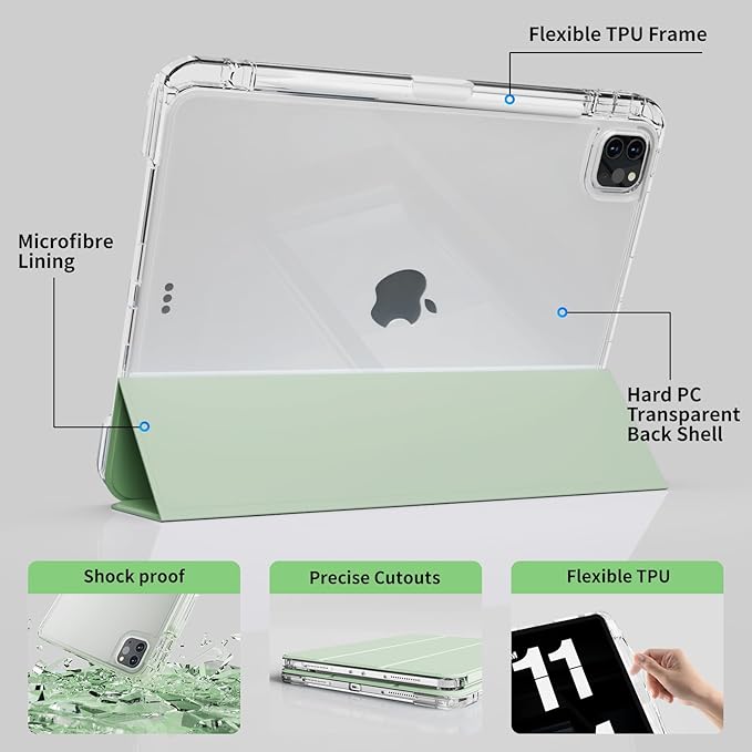 Case for iPad Air 13 Inch M3/M2 (2025/2024) &amp Pro 12.9 Inch 6th/5th/4th/3rd Generation 2022/2021/2020/2018 with Pencil Holder 2 in 1 Detachable Trifold Sliding Cover with Clear Back Shell Green