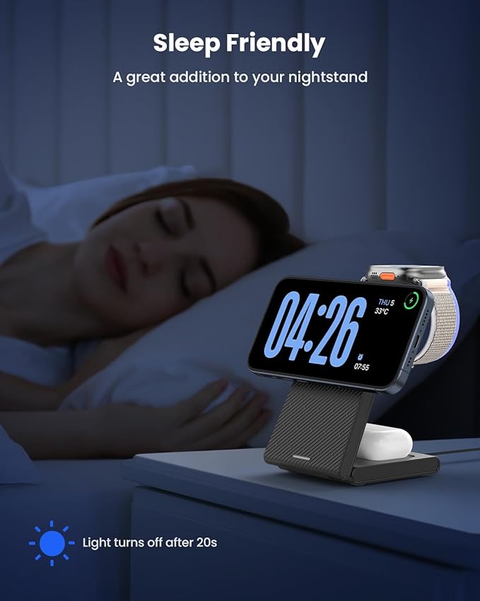3 in 1 Wireless Charging Station Foldable Magnetic Wireless Charger Stand for Multiple Devices Wireless Charger for iPhone 16/15/14/13/12 Apple Watch 9/8/7/6/SE/5/4/3/2 AirPods 3/2/Pro