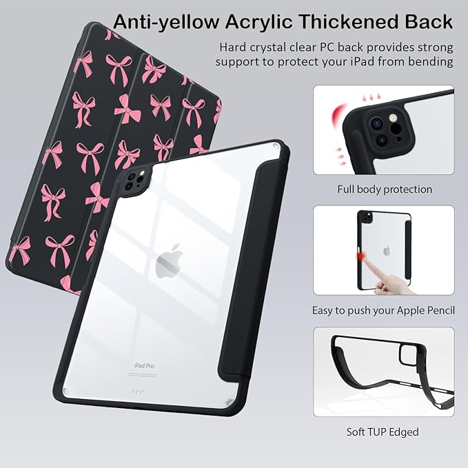 Cute Pink Bow for iPad Air 11 Inch Case 7th/6th Generation (M3/M2) 2025/2024 with Pencil Holder Auto Sleep/Wake Black Leather Clear Acrylic Back Cover