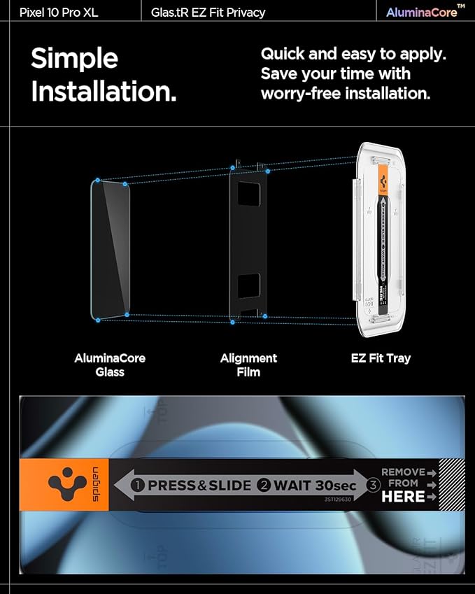 Spigen AluminaCore Tempered Glass Screen Protector [GlasTR EZ FIT - Privacy] designed for Pixel 10 Pro XL | Pixel 9 Pro XL [2 Pack] 9H+ Hardness Aluminum-Enhanced Durability and Impact Resistance