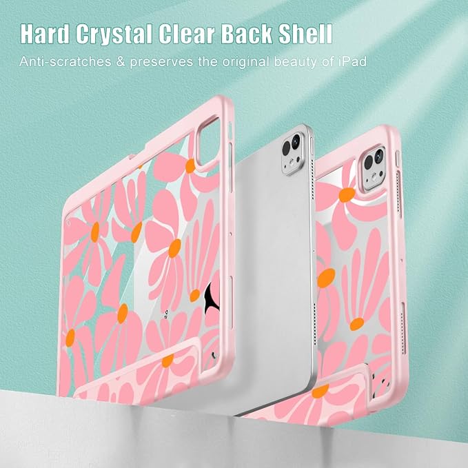 May Chen Case for iPad Pro 11-Inch M5/M4 2025/2024 (6th/5th Generation) Clear Transparent Print Back Shell Slim Stand Shockproof Tablet Cover Auto Wake/Sleep Groovy Flower
