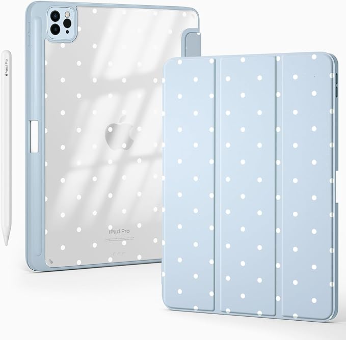 Cute White Polka Dot for iPad Air 11 Inch Case 7th/6th Generation (M3/M2) 2025/2024 with Pencil Holder Auto Sleep/Wake Blue Leather Clear Acrylic Back Cover
