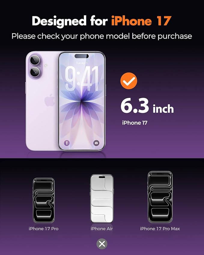 UNBREAKcable iPhone 17 Screen Protector 3-Pack with Camera Protection | 9H Hardness | HD Clarity | Anti-Fingerprint | Case Friendly | 6.3 Inch | 3 Tempered Glass + 3 Camera Lens Protectors