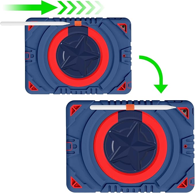 XZC iPad 9th/ 8th/ 7th Generation Case (iPad 10.2 Case 2021/2020/2019) Heavy Duty Shockproof Rugged Cover with Rotating Stand/Pencil Holder/Carrying Shoulder Strap (Blue and Red)