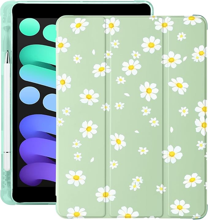 Cute Floral Flower for iPad mini 7 A17 Pro 2024/iPad Mini 6 Case with Pencil Holder Auto Sleep/Wake Green Leather Soft TPU Back Cover