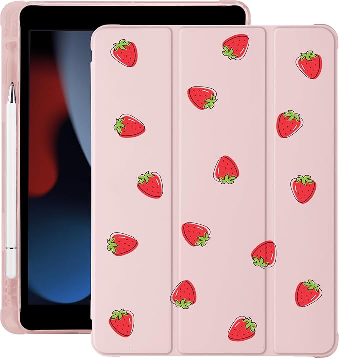 Cute Kawaii Strawberry for iPad Pro 13 Inch Case (M5/M4) 2025/2024 with Pencil Holder Auto Sleep/Wake Pink Leather Soft TPU Back Cover