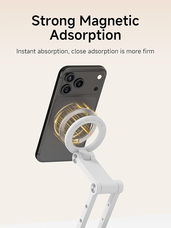 Hagibis Magnetic Phone Stand for MagSafe 360° Rotation Foldable Triaxial Aluminum Desk Phone Holder Height Adjustable for iPhone 17 16 15 Pro Max (White)