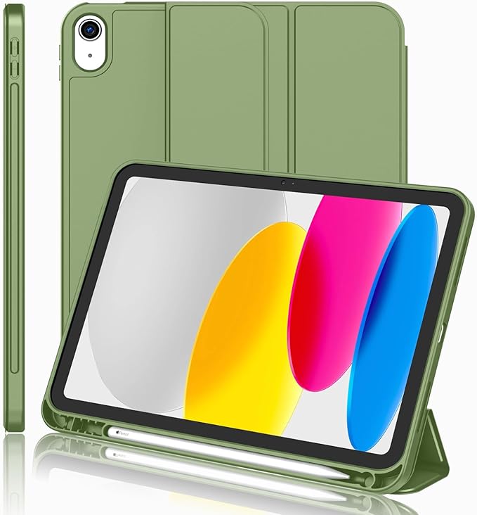 iMieet iPad (A16) Case 11th Gen/iPad 10th Generation Case [11-Inch 2025/10.9 Inch 2022] with Pencil Holder Trifold Stand Smart Cover with Soft TPU BackAuto Wake/Sleep(Olive Green)