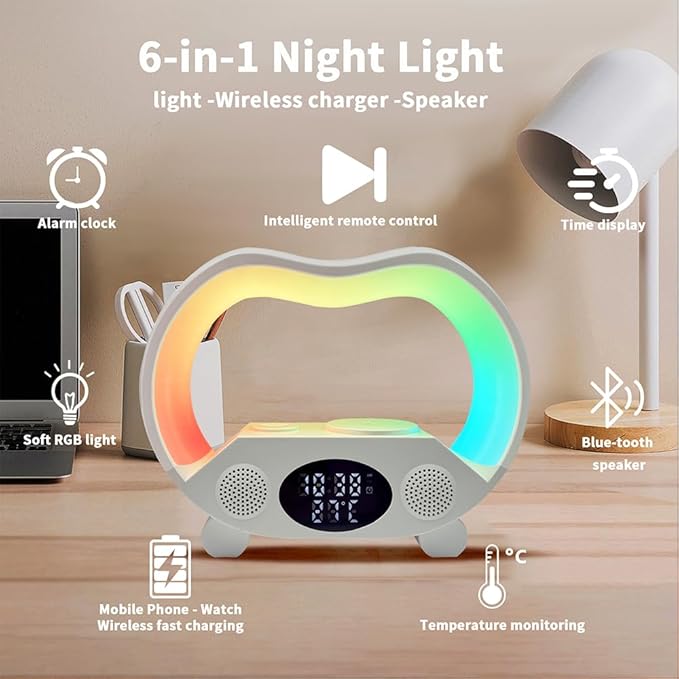IHAO 6in1 Wireless Charging Station with Bluetooth Speaker Time&ampTemperature Display Alarm Clock 7-Color LED Night Lights Fast Charger for Phone Apple Watch Earbuds Remote Control Auto Shutoff-Wh