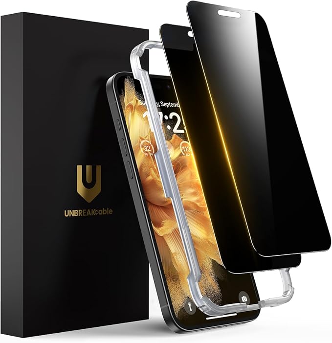 UNBREAKcable Privacy Screen Protector for iPhone 16 Plus Full Coverage Shatterproof Tempered Glass [True 28°Anti Spy] [9H Hardness] [Easy Installation Frame] 2-Pack Private Screen for iPhone 16 Plus