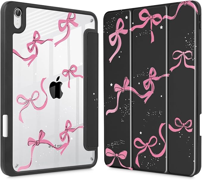 May Chen Slim Case for iPad mini 7 (A17 Pro 7th Generation) 2024 / iPad mini 6 (6th Gen) 8.3 Inch [Built-in Pencil Holder] Shockproof Cover Clear Clear Back Shell Auto Wake/Sleep Black Stars Bow