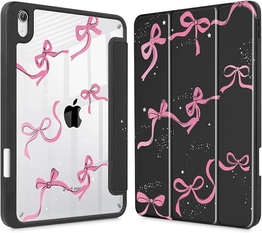 May Chen Slim Case for iPad mini 7 (A17 Pro 7th Generation) 2024 / iPad mini 6 (6th Gen) 8.3 Inch [Built-in Pencil Holder] Shockproof Cover Clear Clear Back Shell Auto Wake/Sleep Black Stars Bow