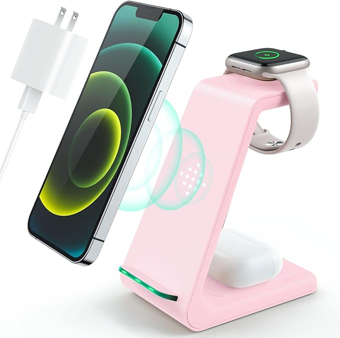 3 in 1 Wireless Charging Station 2026 Upgraded Fast Desk Charger Station for iPhone 17 16 15 14 13 12 Pro Max Plus Charger Stand for Apple Watch 10 9 8 7 6 5 4 3 2 SE Airpods 4 3 2 Pro(Pink)