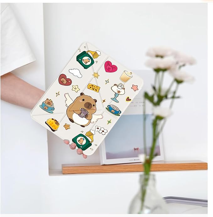 Cute Kawaii Capybara for iPad Air5/Air4 Case with Pencil Holder Auto Sleep/Wake White Leather Acrylic Back Detachable Cover for iPad 10.9 Inch 2022/2020