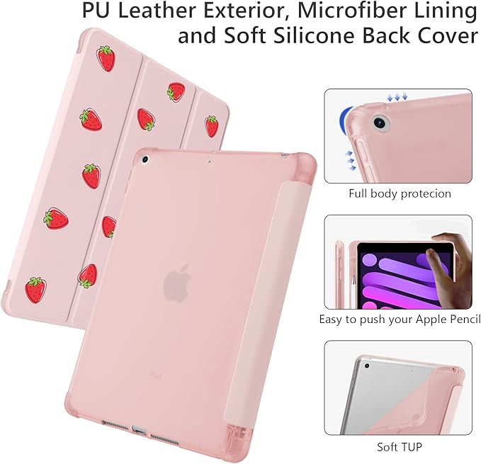Cute Kawaii Strawberry for iPad Pro 13 Inch Case (M5/M4) 2025/2024 with Pencil Holder Auto Sleep/Wake Pink Leather Soft TPU Back Cover