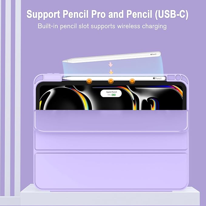 ZryXal New iPad Pro 13 Inch Case (M5) 2025 / (M4) 2024 with Pencil Holder Smart iPad Case [Support Pencil Pro and Pencil (USB-C)] Support Touch ID and Auto Wake/Sleep (New Clove Purple)