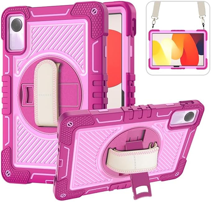 Tablet Case for Xiaomi Redmi Pad SE 11.0 inches Tablet Shockproof Cover with 360° Rotating Stand and Wrist Strap Shoulder Strap Red Rose+Pink