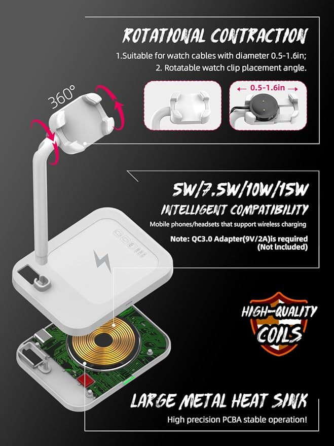 2 in 1 Universal Wireless Charging Dock with Adjustable Smartwatch Stand Compatible with Samsung/Google/Pixel/Fossil/Fitbit/Garmin/Huawei/AMAZTIM/Amazfit/Suunto/xiaomi(2SW-W)